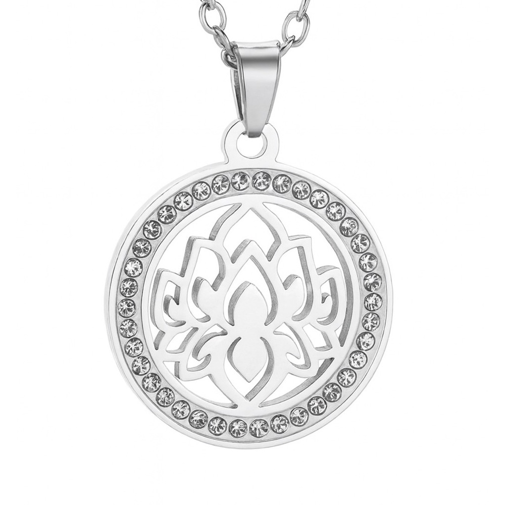 Stainless Steel Lotus Pendant Necklace CZ Circle Medallion 20” Chain